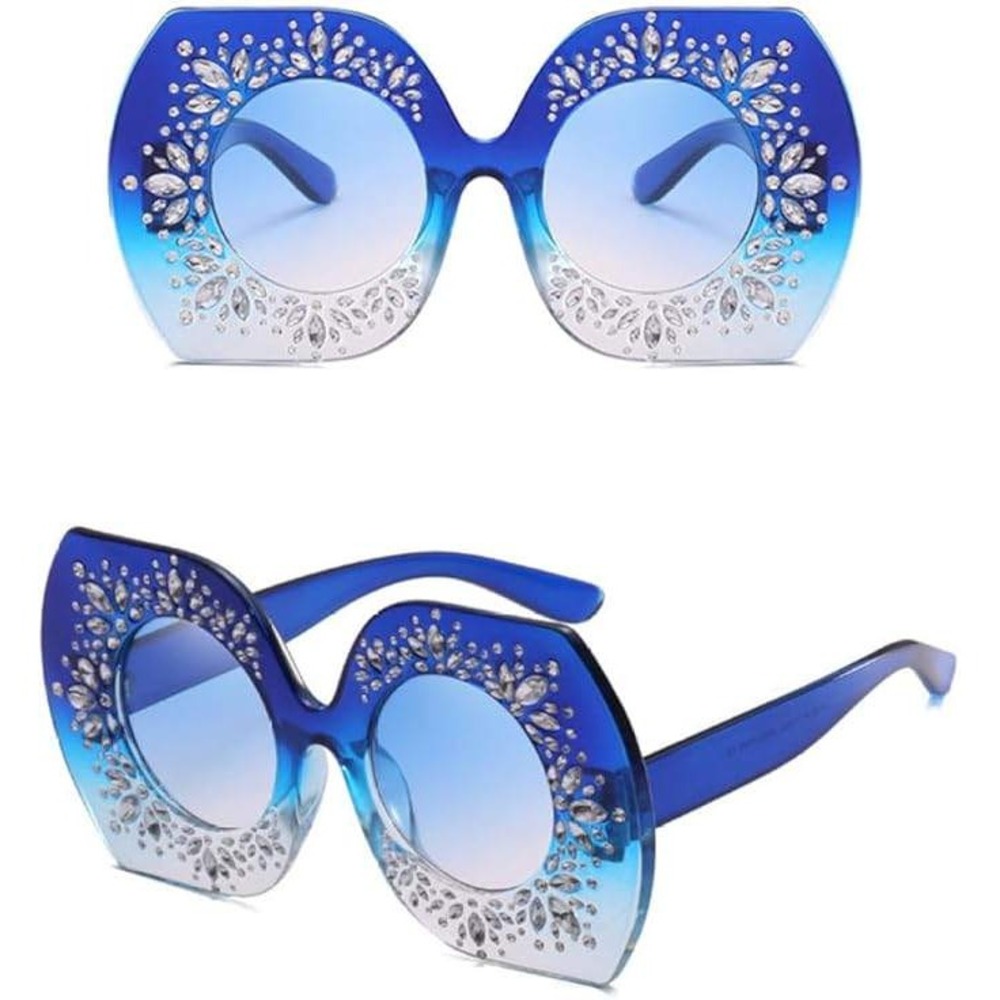 Rhinestone Sunglasses Women Oversized Fashion‎ Shades Blue Lens Festival Glasses